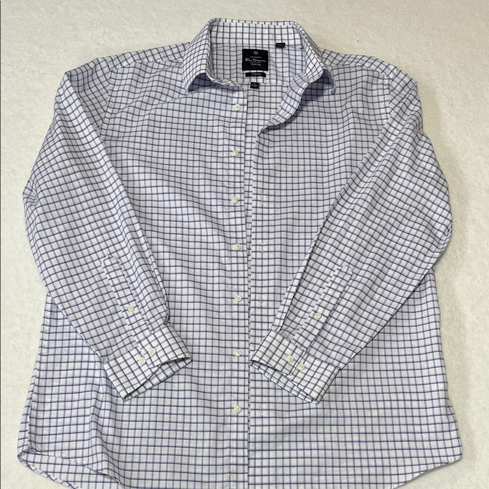 Men's Stretch Checkered Dress Shirt White/Blue/Purple 16-16.5 neck 33-34 sleeve